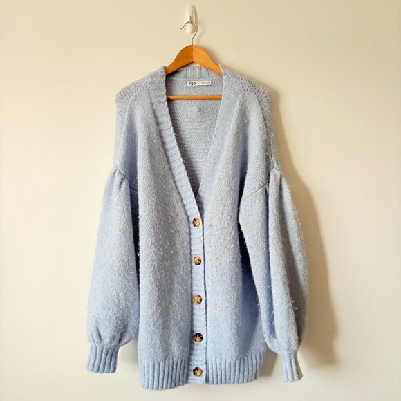 Zara Alpaca Wool Hair Oversized Balloon Sleeve Cardigan Sweater Blue Size Medium - Picture 3 of 8